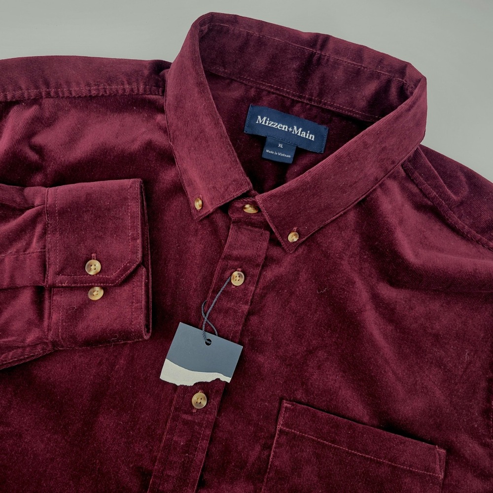 New Mizzen+Main Corduroy Button Down‎ Shirt Burgundy Long Sleeve Mens XL